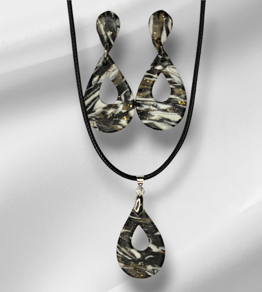 18 Inch Braided Leather Cord Necklace In Black, White and Silver Leaf Earrings