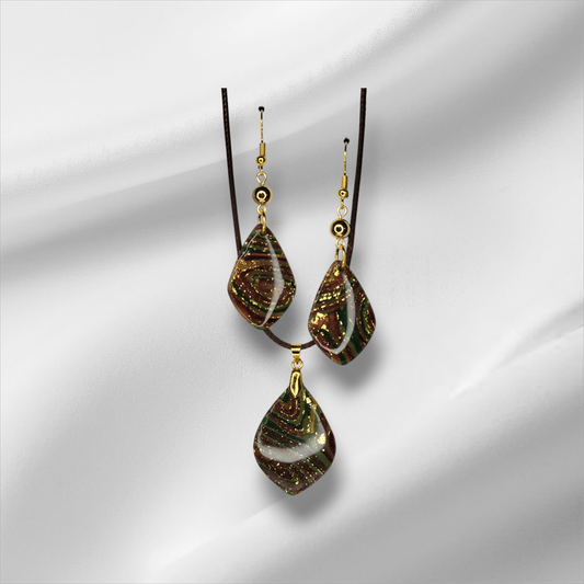 UV Resin Coated Green with Metal Colors and Gold Leaf Earring and Necklace Set