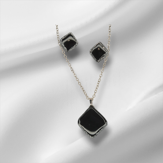 Elegant Black With Glitter UV Resin Coated Necklace and Earrings Set