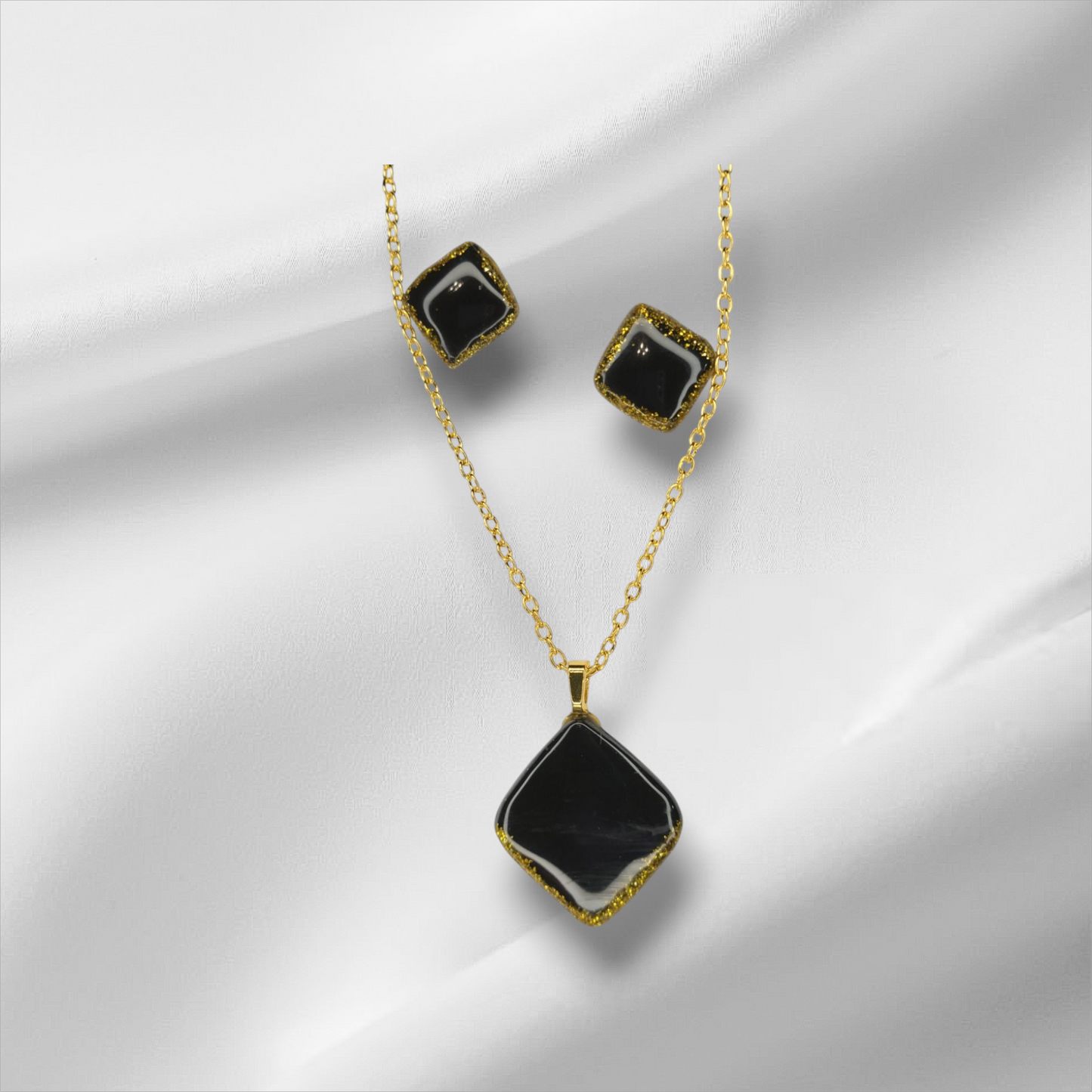 Elegant Black With Glitter UV Resin Coated Necklace and Earrings