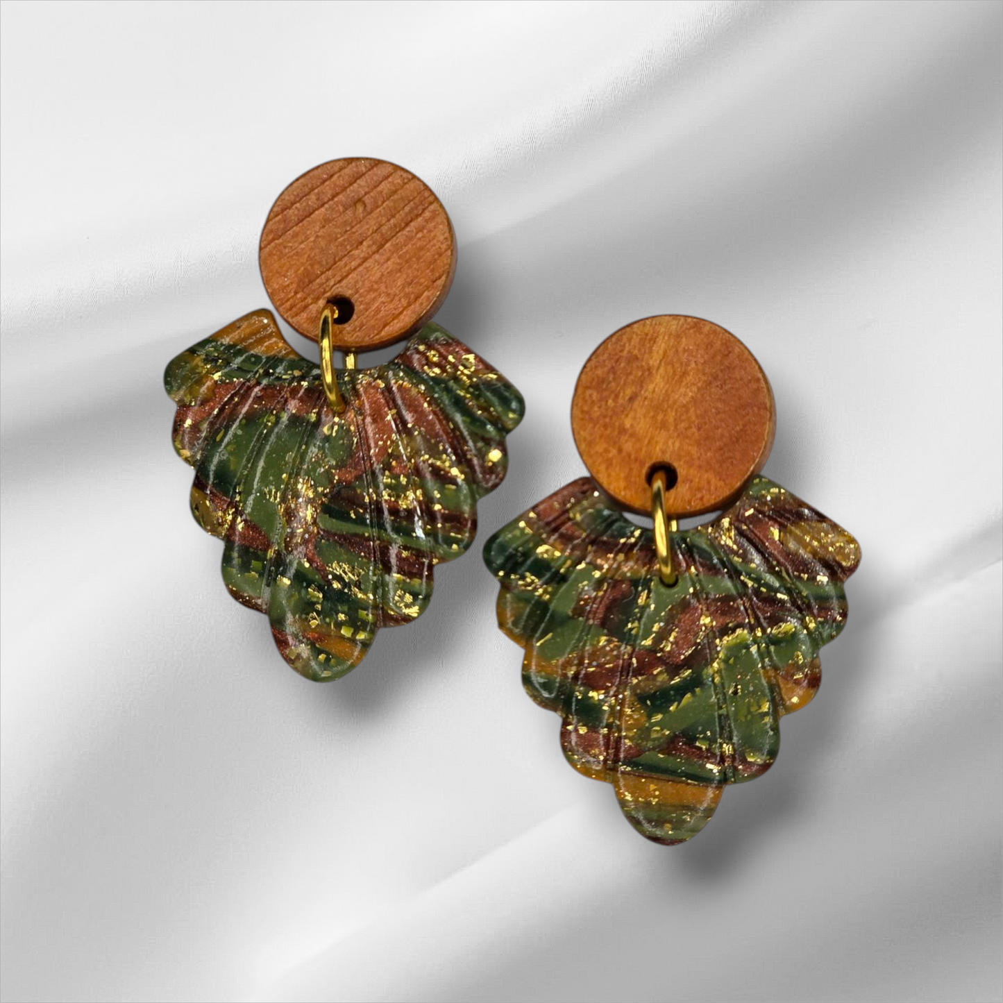 Wooden stud Green, Bronze and Gold Earrings