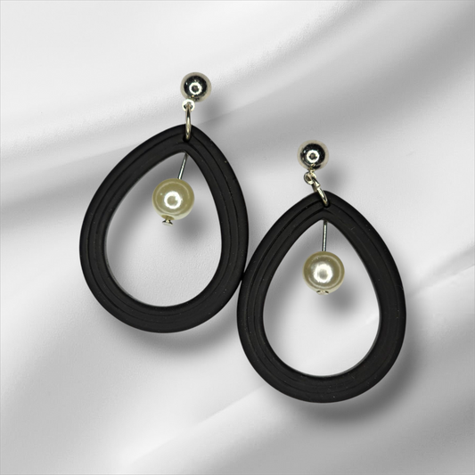 Open Teardrop Black With Pearl Drop Earrings (Silver)